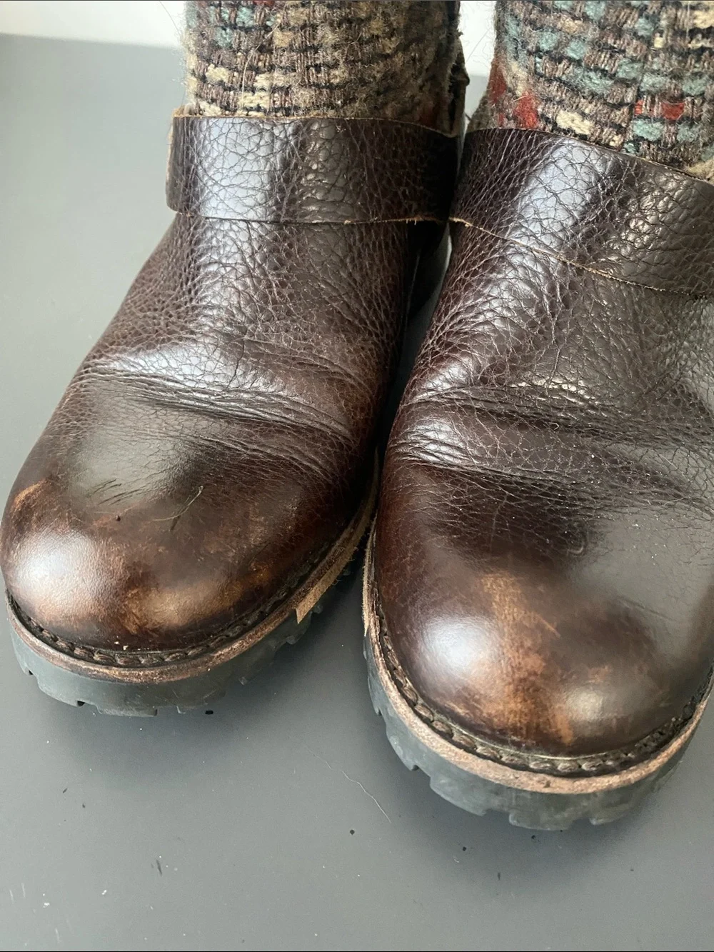 Woolrich Brown Leather & Multicolor Knit Ankle Boots Sz 8 Cottage Granola Girl